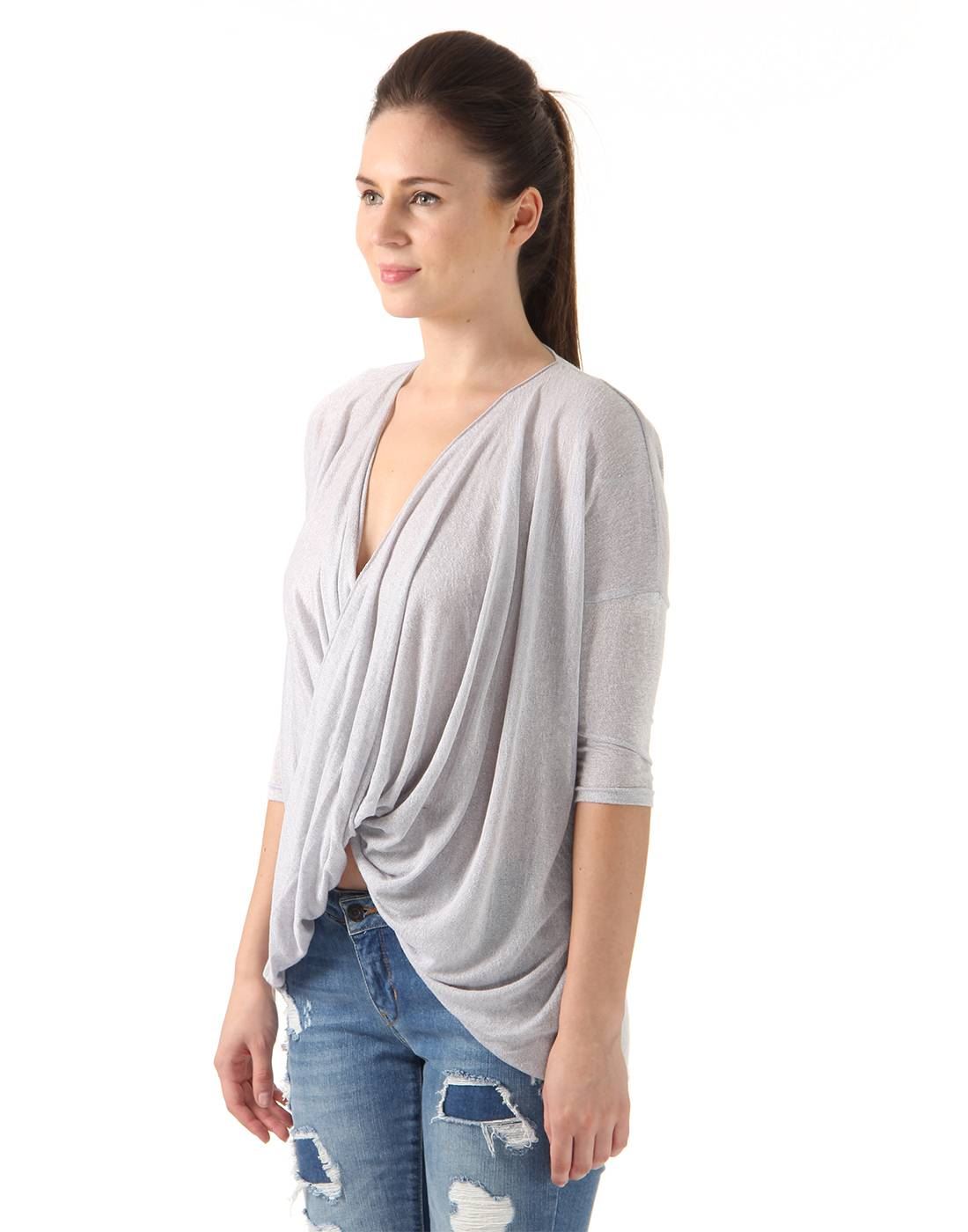 Ax Paris Women Casual Wear Grey Asymmetric Top